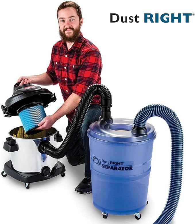 Dust Right Dust Separator + 36” Flex-Form Hose - Cyclone Dust Collector Separates Sawdust, Wood Chips, Debris, and More – 10-Gallon Translucent Bucket - Dust Collectors for Woodworking for Shop Vacs