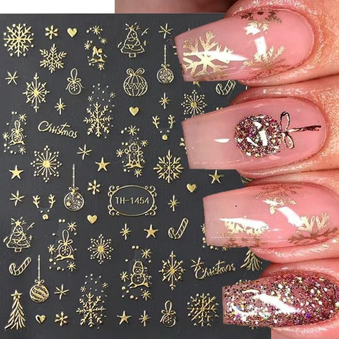Christmas Nail Art Stickers 3D Gold Crystal Ball Snowflake Tree Christmas Nail Stickers 6PCS Candy Cane Cute Elk Self-Adhesive Xmas Nail Decals Sliders New Year Holiday Nail Art Supplies for Women