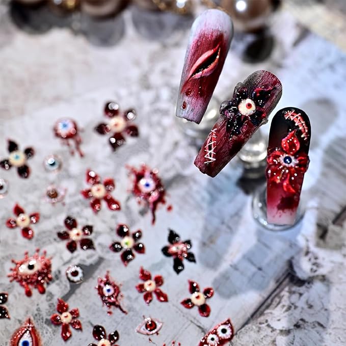 1 Sheets Halloween Nail Stickers for Nail Art 5D Embossed Nail Art Stickers Horror Blood Eye Flower Design Sticker Gothic Nail Decals Nail Art Supplies for Women Acrylic Nail Decorations