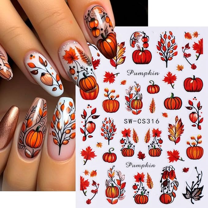 Fall Nail Art Stickers Decals 6Pcs Pumpkin Maple Leaves Nail Decals 3D Self-Adhesive Autumn Fallen Leaves Nail Stickers Cute Harvest Thanksgiving Day Manicure Sliders for Women Nails Art Decorations