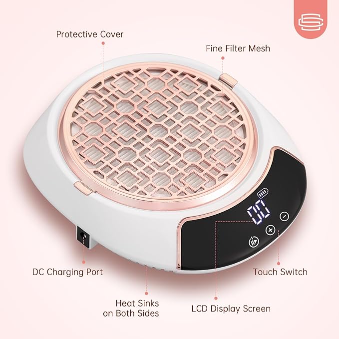 Rechargeable Nail Dust Collector Cordless Powerful Vacuum Fan with LED Display, Adjustable Speed, Reusable Fillter, Manicure Tool for Acrylic Nails, Salon & Home White