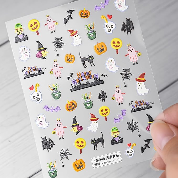 Halloween Nail Stickers for Nail Art - Ghost Witch Nail Art Sticker Halloween 5D Embossed Nail Decals Self-Adhesive Nails Supply Manicure Stickers for Nails Decoration