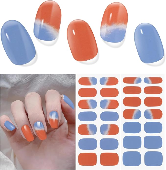 Semi Cured Gel Nail Strips | 28 pcs Gel Nails Strips for Women Work with Any UV Lamp, UV Nail Stickers for Women Home DIY Nails Art (Sunset Glow)