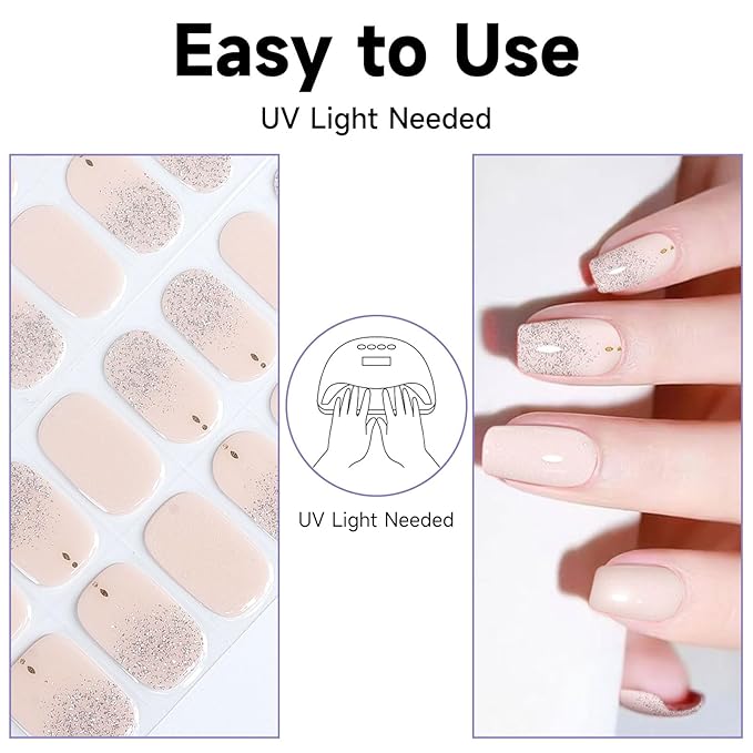 Semi Cured Gel Nail Strips (Complexion), 28 pcs Gel Nail Stickers, Work with Any UV Lights, Long-Lasting NailWraps for Women, Salon-Quality, Easy to Apply & Remove