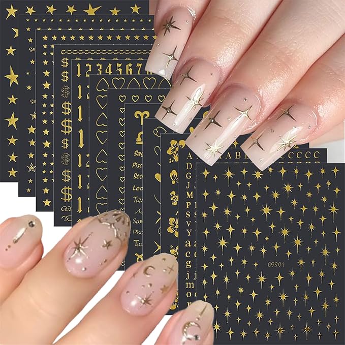 12 Sheets Star Nail Art Stickers Gold Nail Stickers for Nail Art 3D Self-Adhesive Heart Flower Nail Decals Gold Nail Supplies Design Manicure Supplies for Women