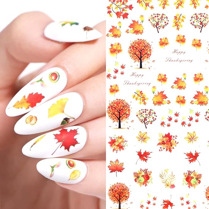 12 Sheets Fall Nail Art Stickers Thanksgiving Nail Decals Water Transfer Foils Maple Leaf Pumpkin Turkey Autumn Nail Stickers for Women Girls Kids DIY Fingernail Toenail Decoration Manicure