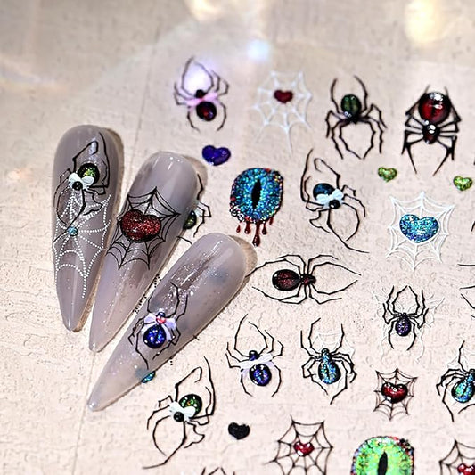 1Pcs Halloween Spider Nail Art Stickers 5D Embossed with Crystal Spider Nails Decals Glitter Heart Eyes Spiders Web Design Goth Nail Stickers Horror Halloween Nails Supplies for Women Acrylic Manicure
