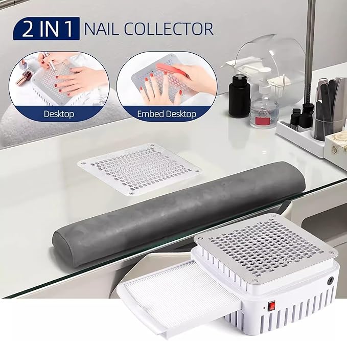 13-Watt Corded Electric Nail Dust Collector with Reusable Filter, Dual-Use Built-in or Tabletop Powerful Suction Machine for Acrylic Nail Polishing, Professional for Salon and Home Use (White)