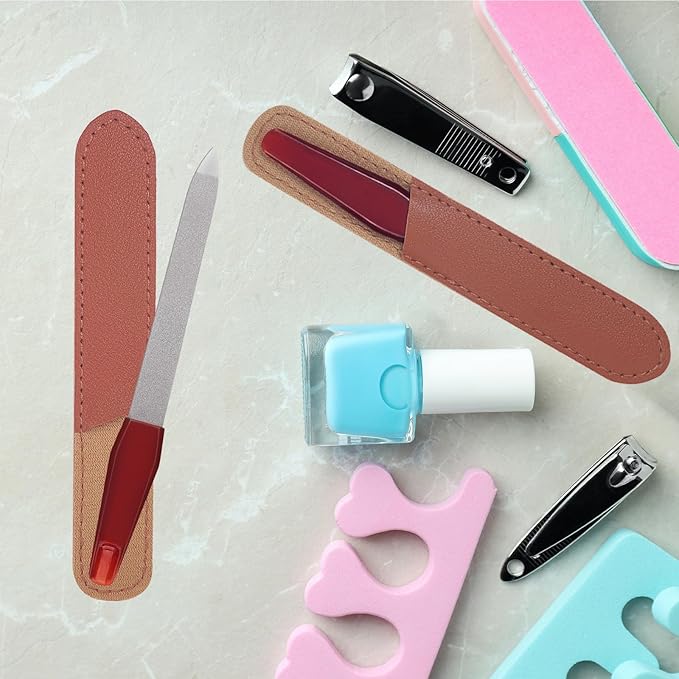 3 Pack Metal Nail File with Sharp Pointed Tip and Leather Sheath Case for Natural Nails, 5 Inches Fingernail Files Stainless Steel Manicure Double Sided Sapphire Grit Nail Filer Silver Brown