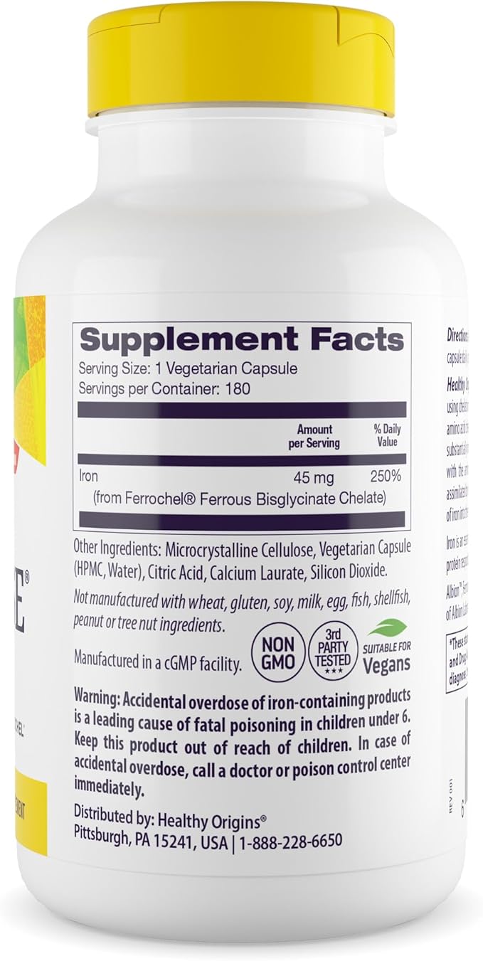 Healthy Origins Iron Ease 45 mg (Featuring Albion Ferrochel, Non-GMO, High Potency, Ferrous Bisglycinate Chelate), 180 Veggie Caps
