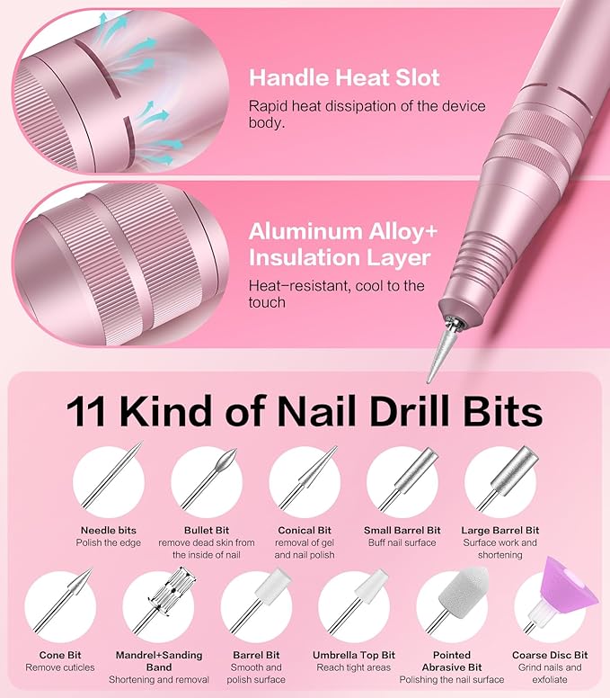 Professional Electric Cordless Nail Drill File with 11 Nail Drill Bits, 35000RPM DIY Glitter e Filer for Nails Kit Machine for Acrylic Nails Gel Polishing for Manicure Salon Home
