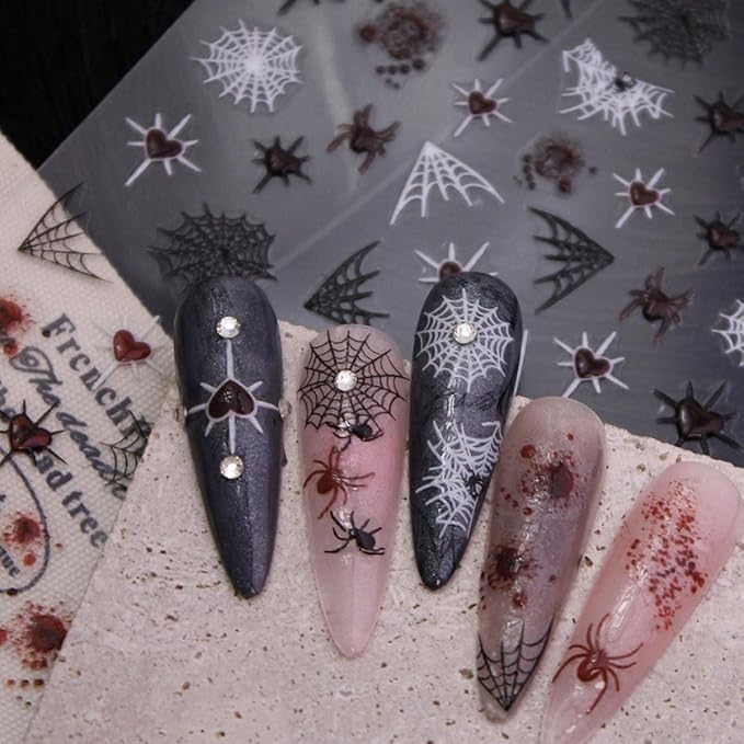 Halloween Nail Art Stickers Spider Nail Stickers Spider Web and Spiders Heart Design Self Adhesive Nail Decals Holiday Nail Decorations Acrylic DIY Manicure Supplies for Women 6 Sheets