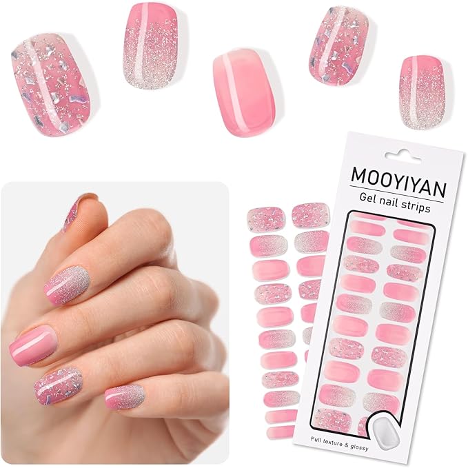 Gloss Nail Strips|Uv Free|22 Pcs,Gel Nail Stickers|Long Lasting Two Weeks and Easy to Apply&Remove|Pink Sequins 1