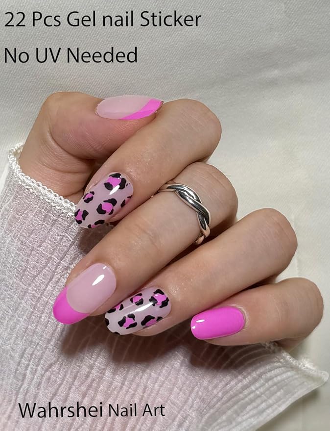 Gel Nail Strips No UV, French Leopard, UV Free, Long Lasting Gel Stickers - Contains 22 Wraps, 1 Prep Pad, 1 File