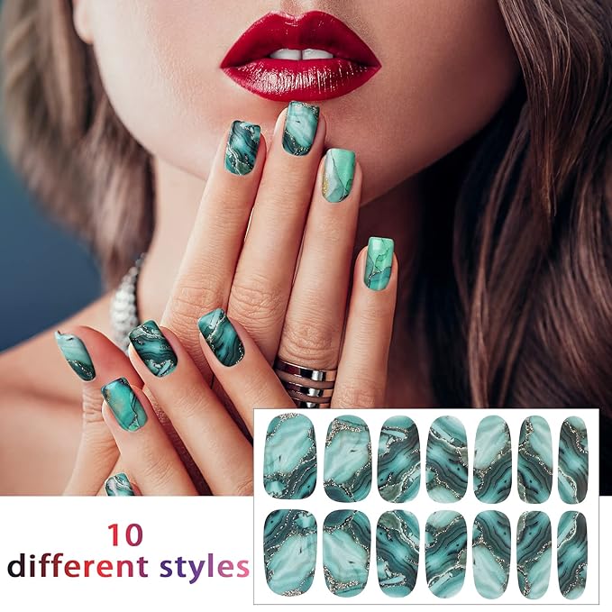 140 Pcs 10 Sheets Marble Full Wrap Nail Stickers Polish Strips Gradient Stickers Glitter Self Adhesive DIY Art Decals Strips with 2 Pcs Nail Files for Holiday Decor (Marble Style)