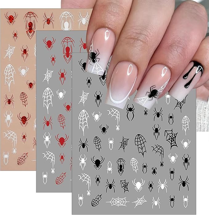 8 Sheets Halloween Nail Art Stickers 3D Self-Adhesive Spider Web Nail Stickers White Black Red Gold Laser Silver Spider Design Nail Decals for Women Girls Scary Halloween Manicure Decoration