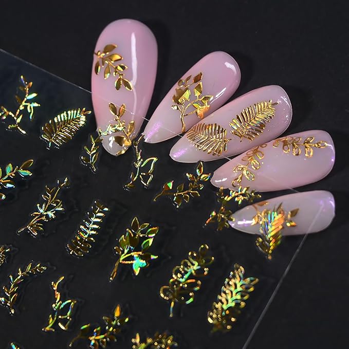 12 Sheets Fall Gold Leaves Nail Art Stickers Maple Leaf Flower Nail Decals 3D Self Adhesive Shiny Autumn Leaves Nail Stickers Design Manicure Supplies Decoration for Women Acrylic DIY Nails