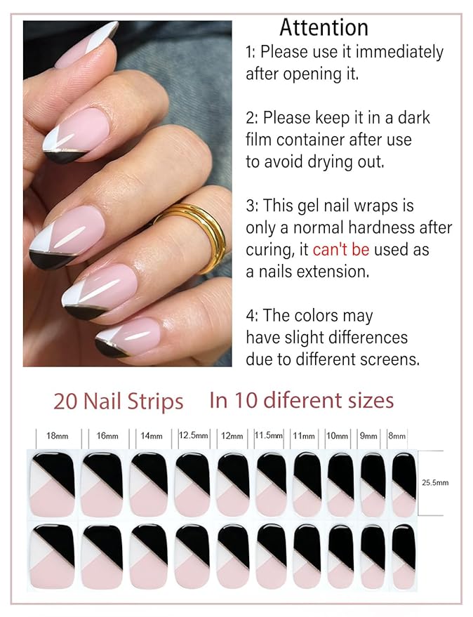 Semi Cured Gel Nail Strips, Irregular French, Black, White 20pcs Gel Nails Sticker UV for Home Nails DIY