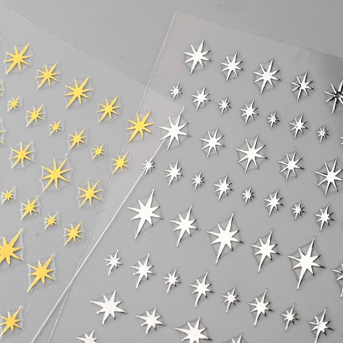 12 Sheets Star Nail Stickers Gold Silvery Nail Decals for Nails Art Black White Design Nail Supplies 3D Self-Adhesive Nails Decoration for Women