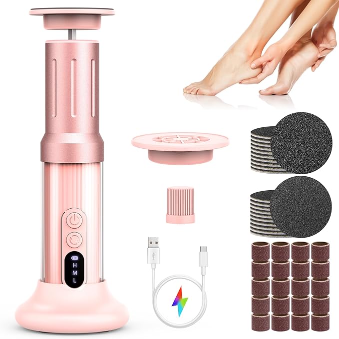 2 in 1 Electric Foot Callus Remover, 2000RPM Professional Electric Callus Remover for Feet with 6 Adjustable Settings, Rechargeable Foot File & Nail Drill with 40Pcs Sandpaper Discs (Pink)