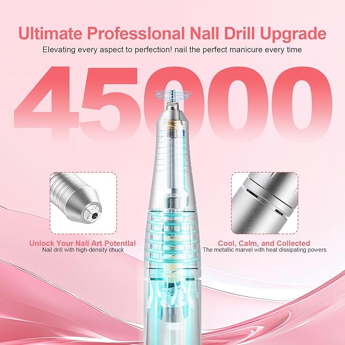 Electric 45000RPM Nail Drill Machine Rechargeable Portable Nail File Electric DIY Nail Drill Kit with Smart LCD Screen for Gel Nail Manicure and Pedicure Reflective Body etc (Grey)