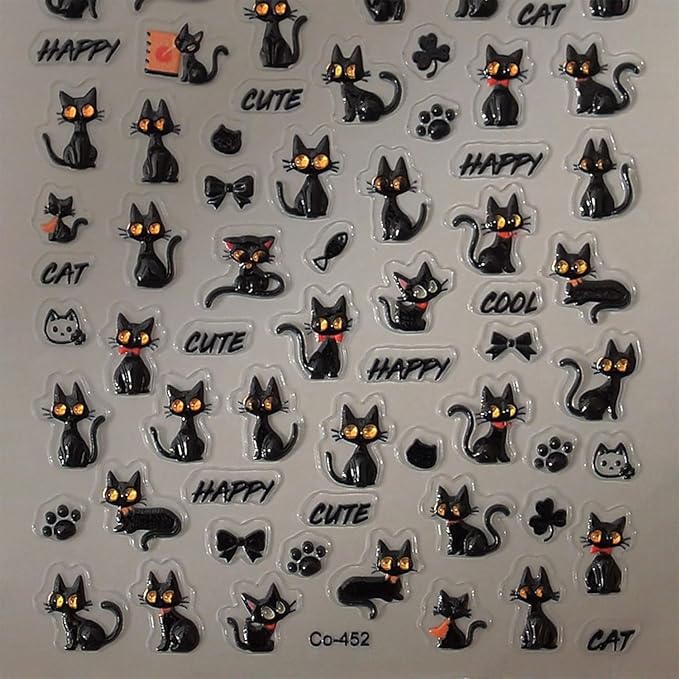 Halloween Nail Stickers for Nail Art Cool Cat Nail Art Stickers Black Fish Bow 5D Embossed Nail Decals Self-Adhesive Nails Supply Manicure Holiday for Nails Decoration
