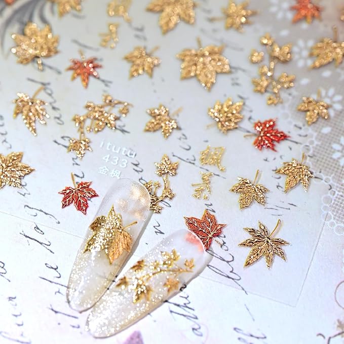 1Sheet 5D Embossed Thanksgiving Nail Art Stickers Self Adhesive Bronzing Fall Maple Leaves Design Nails Decals for Acrylic Nails Fiery Red Maple Leaf Nail Sticker for Women Autumn Nails Decor Supplies