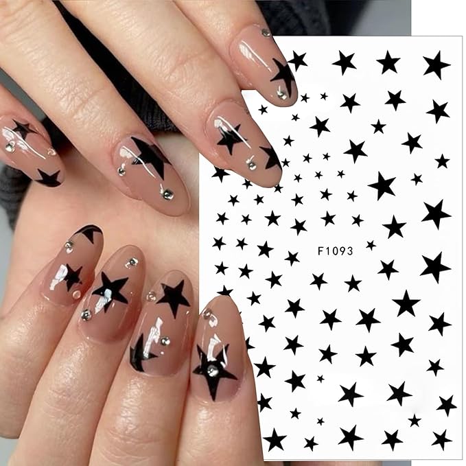 8Pcs Star Nail Stickers for Nail Art, 4 Color Star Nail Decals 3D Glitter Shiny Gold Silver White Black Stars Nail Designs Foil Transfer Sticker Pentagram Tip Slider DIY Manicure Decor Supplies