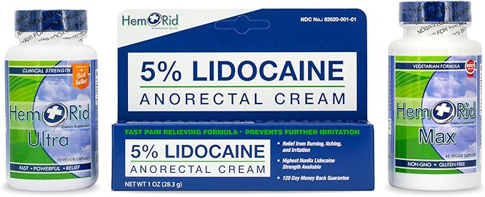 HemRid Complete Hemorrhoid Care System – Potent 5% Lidocaine Cream for Rapid Topical Comfort, Max Ultra Capsules for Ongoing Vascular Health and Circulatory Support