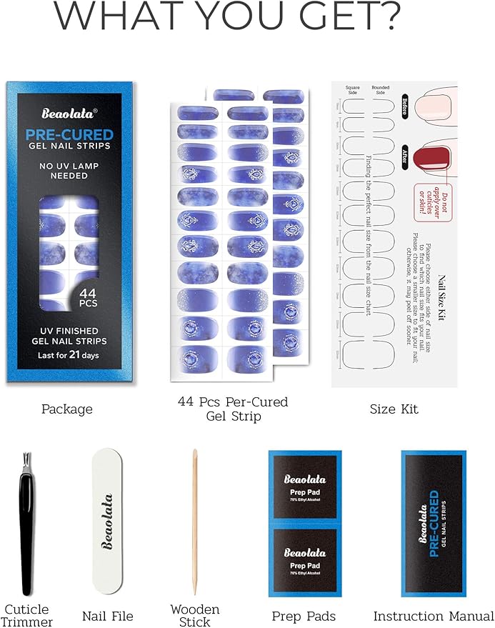 Pre Cured Gel Nail Strips - 44PCS Salon Quality Gel Nail Stickers - Long Lasting Polish Wraps for Women no UV Light Needed Easy Apply& Remove (Crystal Blue）
