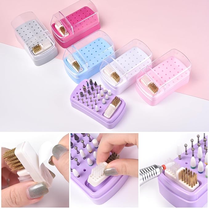 2 in 1 Nail Drill Bit Holder & Nail Drill Bit Cleaner Brush Case 30 Holes Dustproof Nail Drill Bit Display Stand Organizer Box Manicure Drill Bits Cleaning Brush Bits Storage Tool, Grey