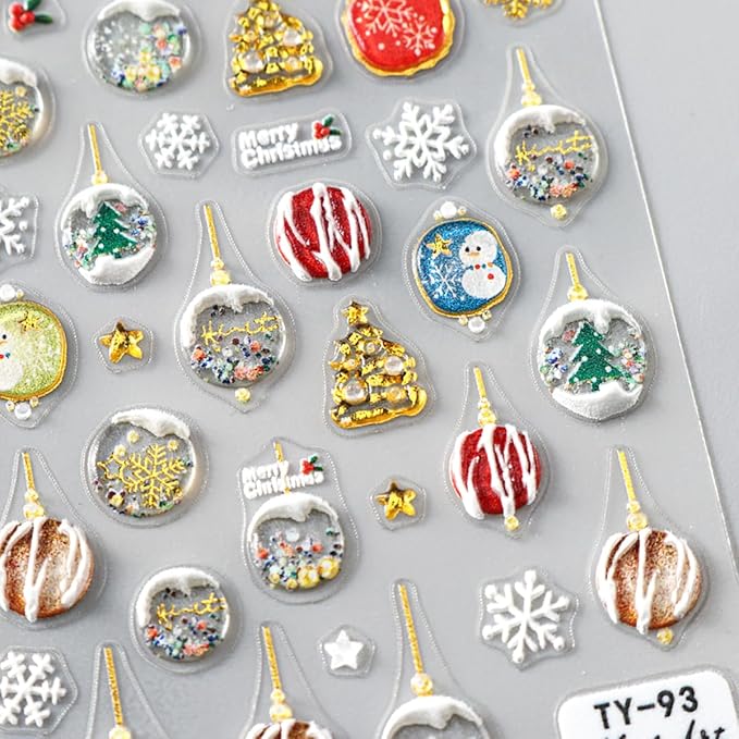 Christmas Snowflake Nail Stickers 5D Embossed Christmas Tree Snowman Nail Art Stickers Self-Adhesive Crystal Ball Nail Design Christmas Nail Decals for Women Girls Snowmen Nail Decoration 1 Sheets