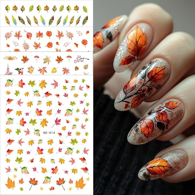 8 PCS Fall Nail Stickers for Nail Art 3D Self Adhesive Autumn Maple Leaf Design Nail Art Decals Thanksgiving Day Salon Accessories Cute Manicure Sticker for Women Holiday DIY Acrylic Nails