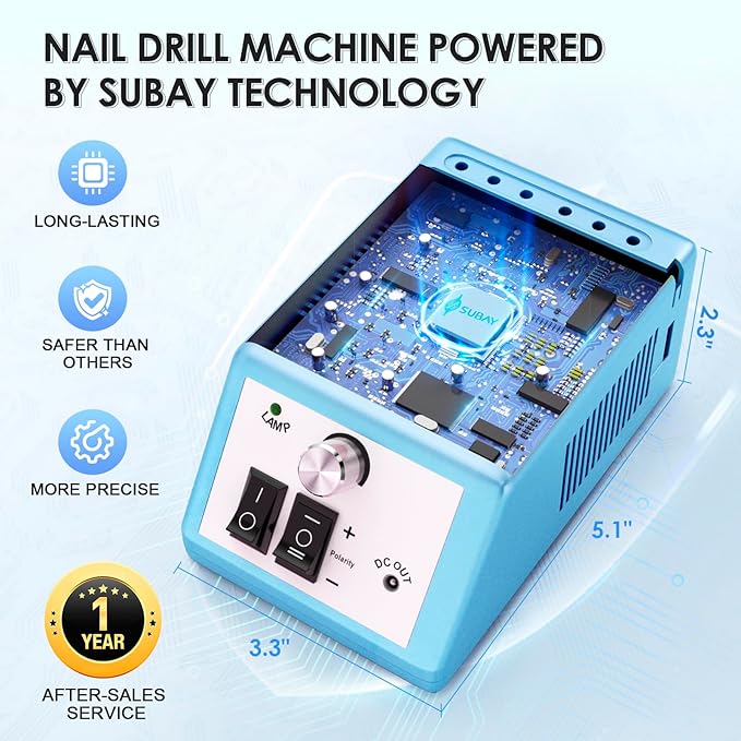 Subay Professional Nail Drill Electric File 20000RPM for Acrylic Nails, Gel Nail, Nail Art Polisher, Manicure Pedicure Tools for Salon Home