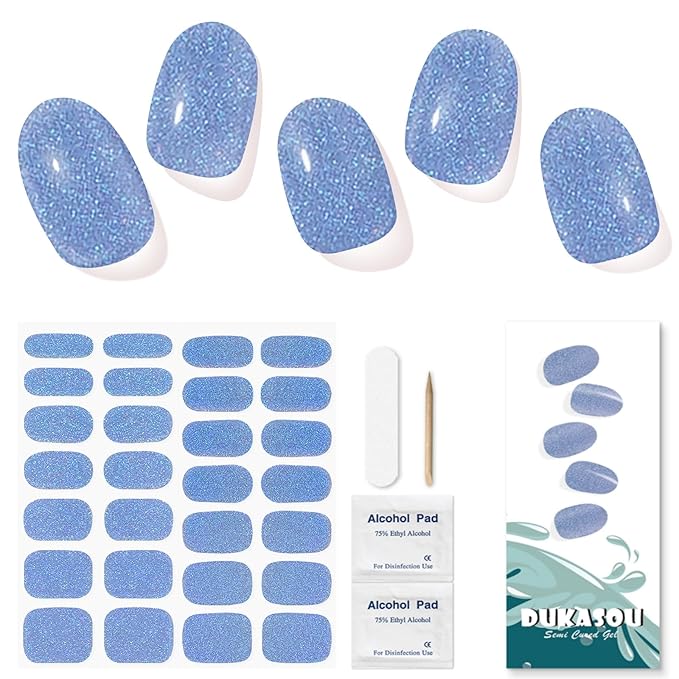 Semi Cured Gel Nail Strips, Blue Fine Flash | 28pcs Work With Any UV Lamp, Stickers for Women Girls, Includes Prep Pads, File & Wood Stick