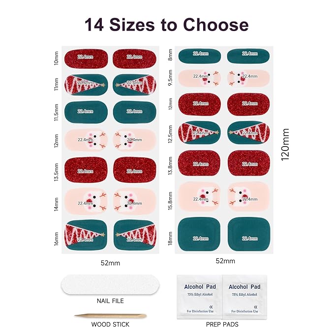 Semi Cured Gel Nail Strips,28 pcs Christmas Nail Stickers for Women,Long Lasting Gel Strips with Any UV Light,Red Green Christmas Sticker for Nails Easy to Apply
