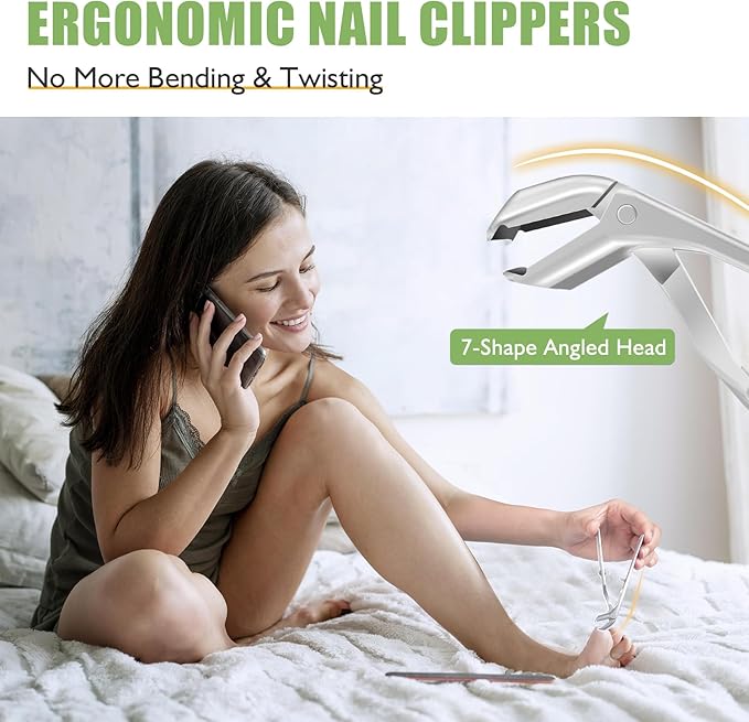 Toenail Clippers for Seniors Thick Toenails, Angled Head Large Toe Nail Clippers for Men with Wide Jaw Opening, Sharp Heavy Duty Fingernail Clipper Cutter with Catcher Long Handle - Silver