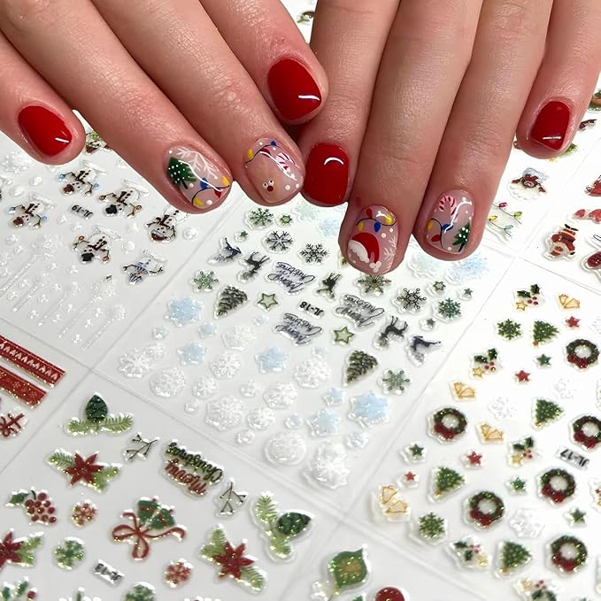 30 Sheets Christmas Nail Art Stickers Santa Claus Nail Stickers 3D Self Adhesive Snowflake Snowman Nail Decals Elk Nails Art Supplies Xmas Tree Designs Nails Decorations for Women Manicure DIY