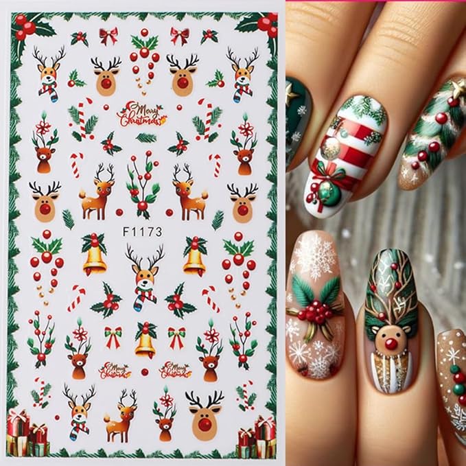 6Pcs Christmas Nail Stickers 3D Christmas Tree Elk Snowman Nail Stickers for Nail Art DIY Self Adhesive Nail Decals Red Fruit Cute Nail Decoration Supplies Holiday Manicure Accessories for Women