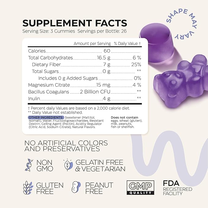 High Prebiotic Fiber Gummies for Women and Men 7G per Serving - Natural GLP-1 Support - Beet FOS Fiber, Magnesium, Inulin, Probiotic - Gummy Supplement for Digestive Health - Sugar Free - 2 Pack