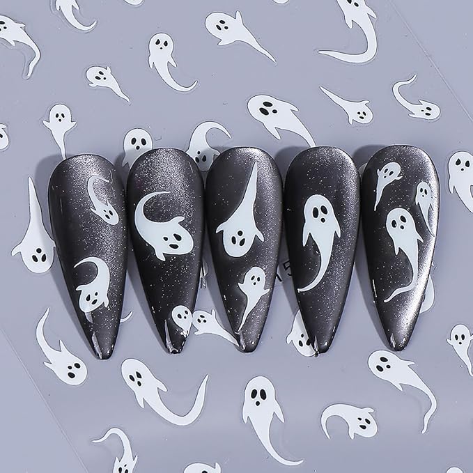 Halloween Ghost Nail Art Stickers Luminous Nail Stickers 6PCS Cute Ghost Bat Boo Halloween Nails Design 3D Self-Adhesive Nail Decals Nail Art Supplies Manicure Sliders for Women DIY Nail Decorations