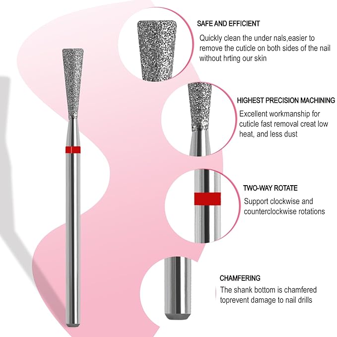 Cuticle Nail Drill Bit, 3/32'' Professional Safety Diamond Under Nail Cleaner for Cuticle Dead Skin Nail Prepare, Beginners Bits, Experienced Tech, Inverted Tapered (Fine)