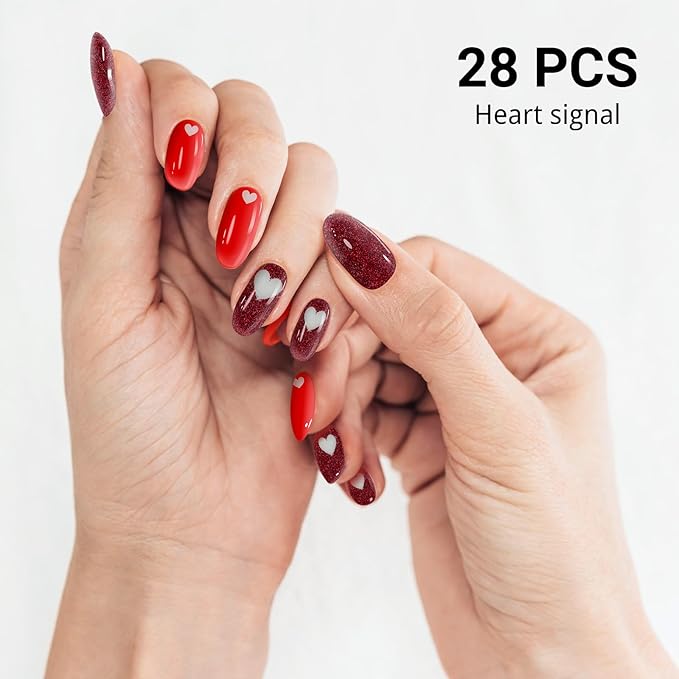 Semi Cured Gel Nail Strips, Heart Signal | 28 pcs Gel Nail Strips Work with Any UV Lamp, Salon Quality UV Nails Stickers, Easy to Apply for Home Nails DIY