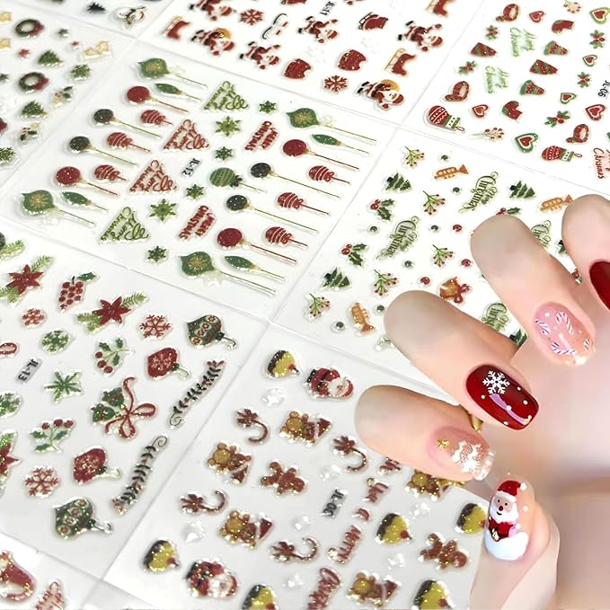 30 Sheets Christmas Nail Art Stickers Santa Claus Nail Stickers 3D Self Adhesive Snowflake Snowman Nail Decals Elk Nails Art Supplies Xmas Tree Designs Nails Decorations for Women Manicure DIY