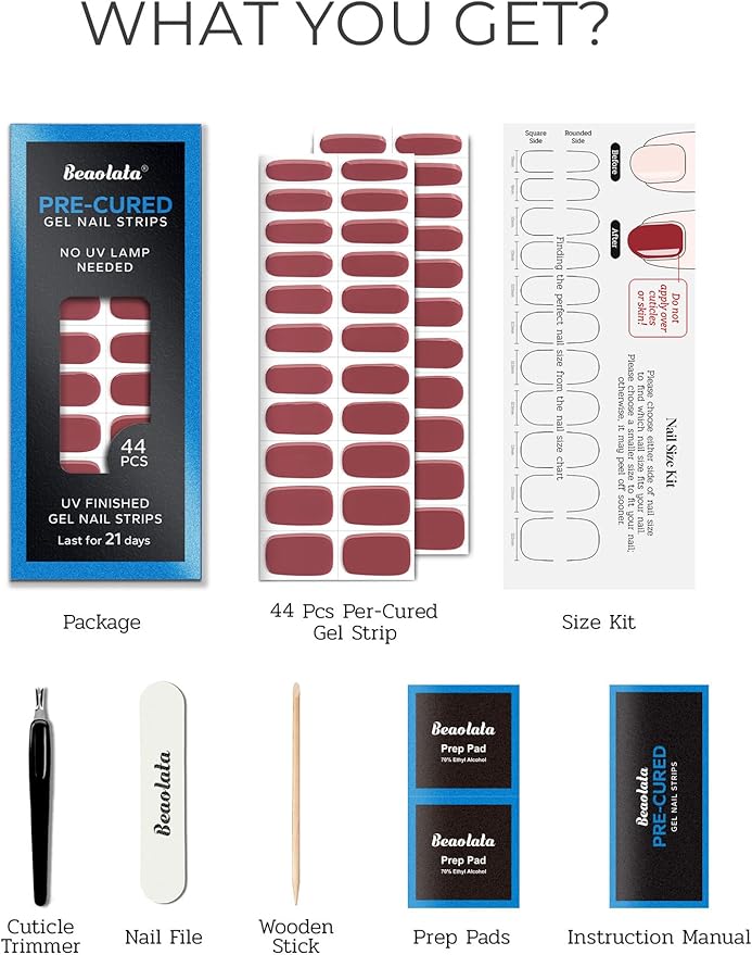 Pre Cured Gel Nail Strips - 44PCS Salon Quality Gel Nail Stickers - Long Lasting Polish Wraps for Women no UV Light Needed Easy Apply& Remove (Oxblood Brown）