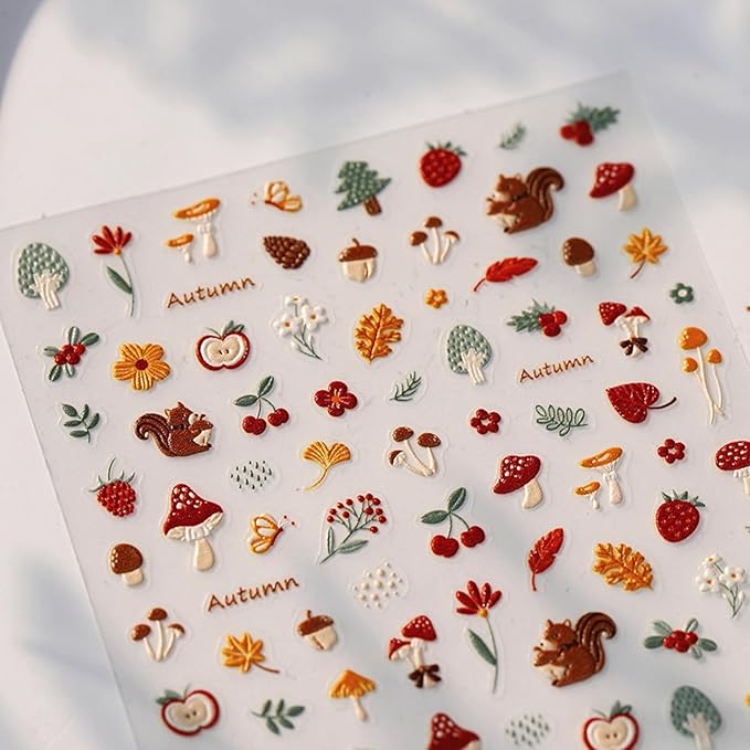 Fall Nail Art Stickers Decals 5D Embossed Autumn Nail Decals Squirrel Maple Leaf Mushroom Fruit Nail Design Stickers Fallen Leaves Nails Art Supplies for Women Thanksgiving Day Manicure Decoration