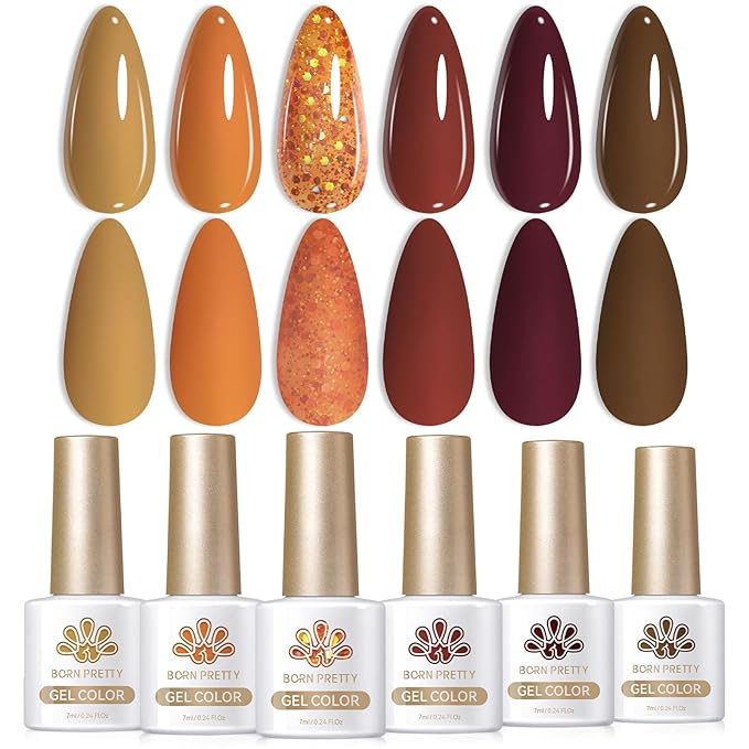 BORN PRETTY Fall Winter Gel Nail Polish Pumpkin Red Caramel Orange Brown Halloween Gel Nail Kit Cozy Campfire Autumn Gel Polish Set Nail Art Manicure Collection Christmas Gift 6PCS 7ML