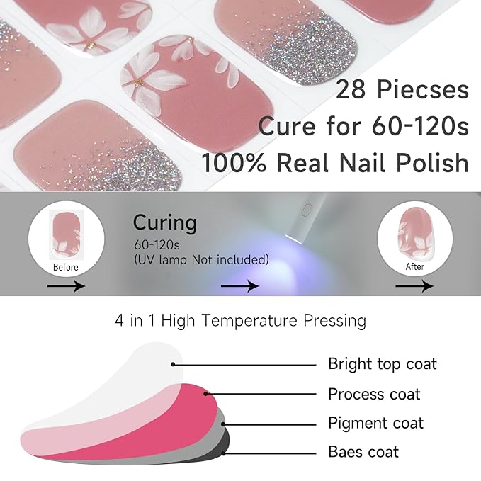 Semi Cured Gel Nail Strips, Pink ice Flowers | 28 pcs Gel Nail Strips Work with Any UV Lamp, Salon Quality UV Nails Stickers, Easy to Apply for Home Nails DIY