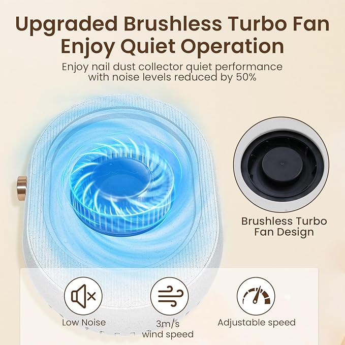 Professional Nail Dust Collector with Strong Suction, Quiet Adjustable Nail Dust Collector for Acrylic Nails, Upgraded Brushless Turbo Fan Nail Dust Collector, Salon & Home
