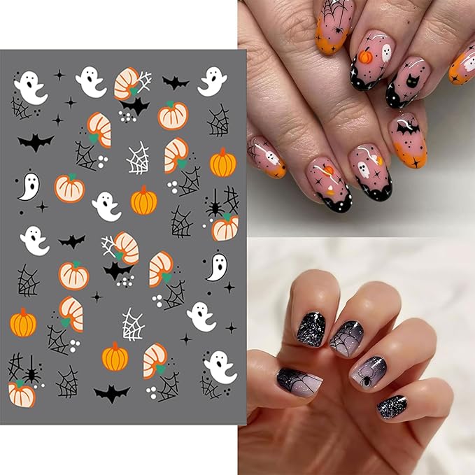 12 Sheets Halloween Nail Stickers Ghost Mummy Pumpkin Nail Decals Spider Bat Skull Designs Nail Decorations Halloween Cute DIY 3D Self-Adhesive Manicure Supplies for Women Girls